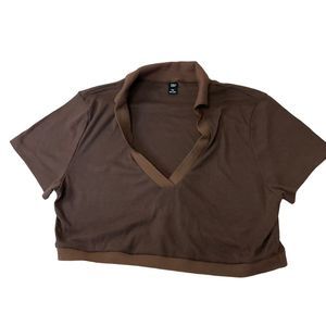 Shein Brown Plus Size Ribbed Vneck Short Sleeve Cropped Top 2XL